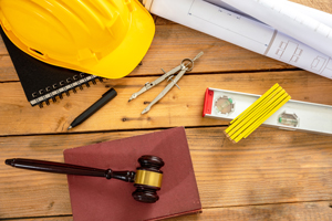 construction tools and legal documents on wooden table with hard hat and gavel for 4 projects