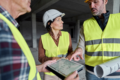 three construction workers discussing plans at a site with tablet showing project details and safety gear highlighting six essential elements