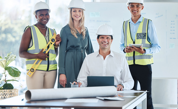 four construction professionals in safety vests smiling in an office environment teamwork collaboration three steps forward